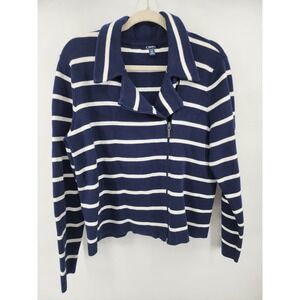 Chaps Navy Blue White Striped Full Zip Knit Moto Cardigan Sweater XL